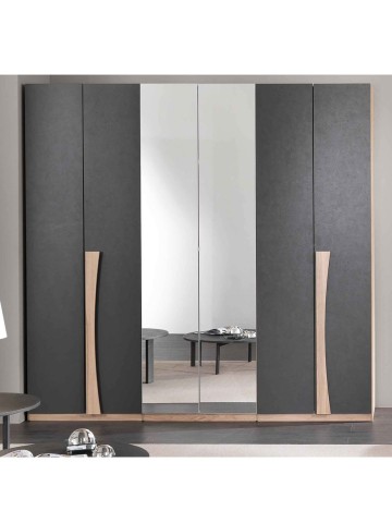 Armadio Lucrezia in legno 6 ante battenti con specchio Grigio e Noce