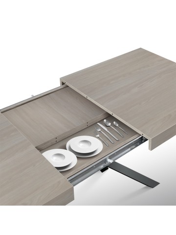 Tavolo base in metallo Nero, Piano Finitura Olmo Perla con 2 allunghe