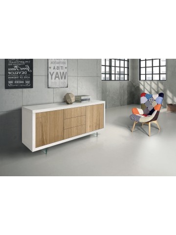 Credenza moderna bianco e rovere con piedi in vetro