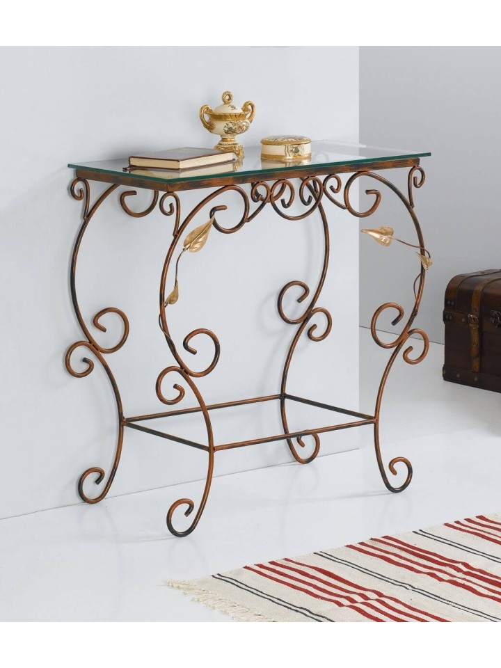 Consolle rettangolare in ferro con foglie - Oro ducato