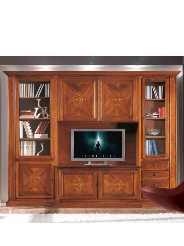 Composizione parete attrezzata classica noce con decori