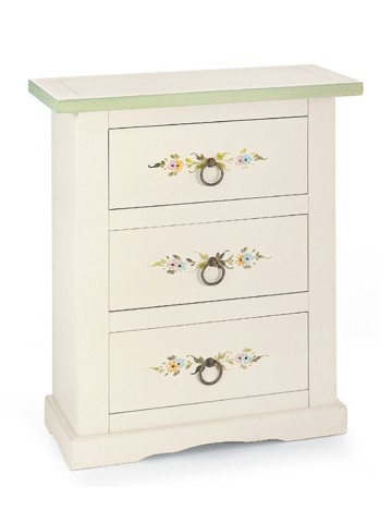 Comodino 3 cassetti shabby bianco lucido con decori