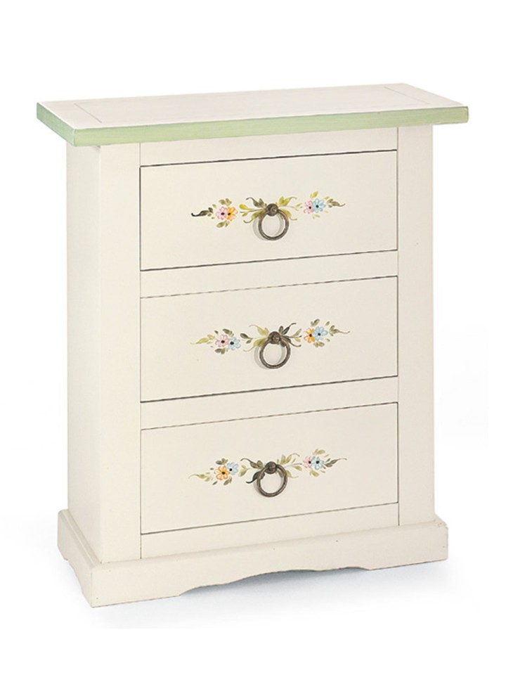 Comodino 3 cassetti shabby bianco lucido con decori