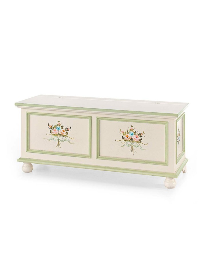 Cassapanca 120 cm in legno con piedi a cipolla Bianco Lucido con Decori