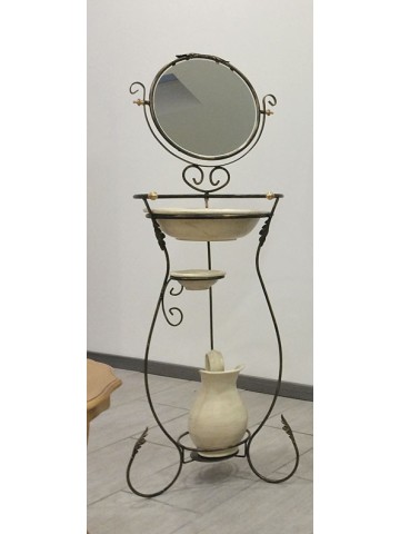 Porta catino in ferro battuto completo di ceramiche e specchio