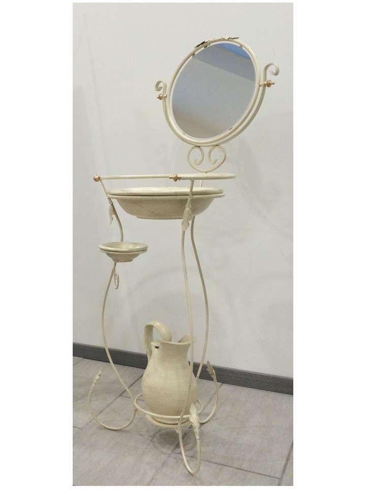 Porta catino in ferro battuto completo di ceramiche e specchio