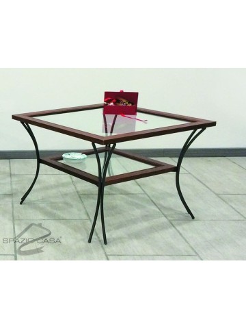 Tavolino da Salotto in Legno con Piedi in Ferro Battuto Ripiani in Vetro