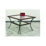 Tavolino da salotto in legno con piedi in ferro e ripiani in vetro