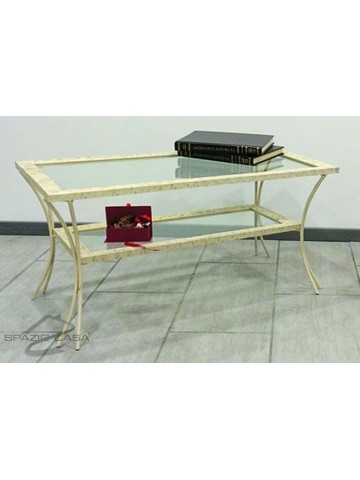 Tavolino da Salotto in Legno con Piedi in Ferro Battuto Ripiani in Vetro