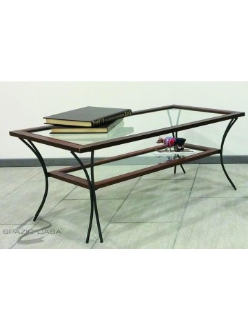 Tavolino da salotto in legno con piedi in ferro e ripiani in vetro