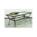 Tavolino da salotto in legno con piedi in ferro e ripiani in vetro