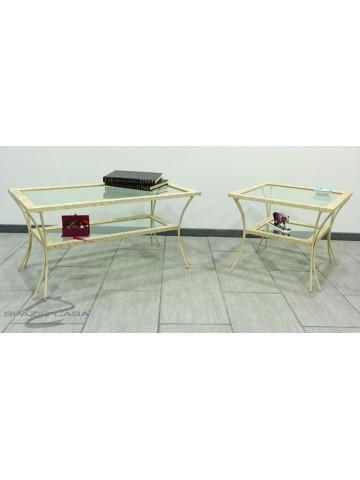 Tavolino da Salotto in Legno con Piedi in Ferro Battuto Ripiani in Vetro