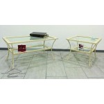 Tavolino da salotto in legno con piedi in ferro e ripiani in vetro