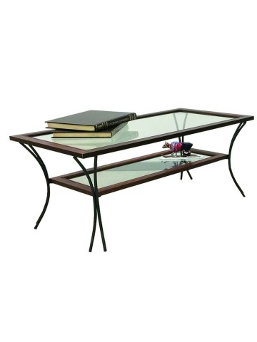 Tavolino da Salotto in Legno con Piedi in Ferro Battuto Ripiani in Vetro