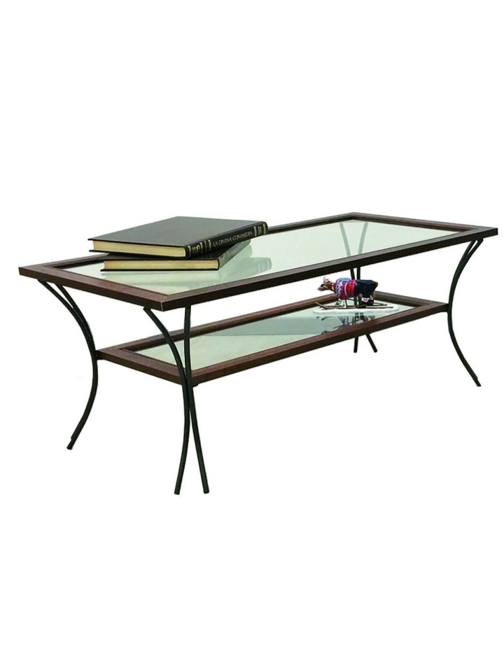 Tavolino da salotto in legno con piedi in ferro e ripiani in vetro