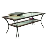 Tavolino da salotto in legno con piedi in ferro e ripiani in vetro