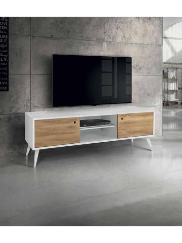 Porta TV moderno in abete spazzolato massello Naturale bianco