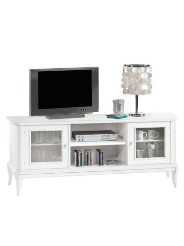 Porta TV basso in legno con piede a sciabola