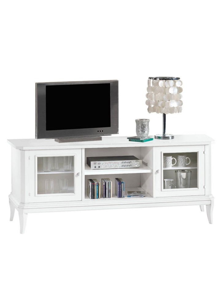 Porta TV basso in legno con piede a sciabola