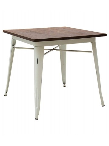 Tavolo quadrato in metallo bianco con piano in legno