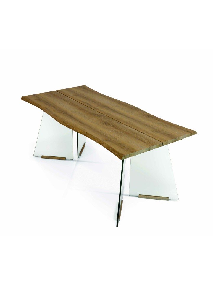Tavolo con Base in Vetro e Piano in Legno