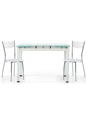 Set Tavolo bianco rettangolare allungabile in vetro + 4 Sedie in acciaio