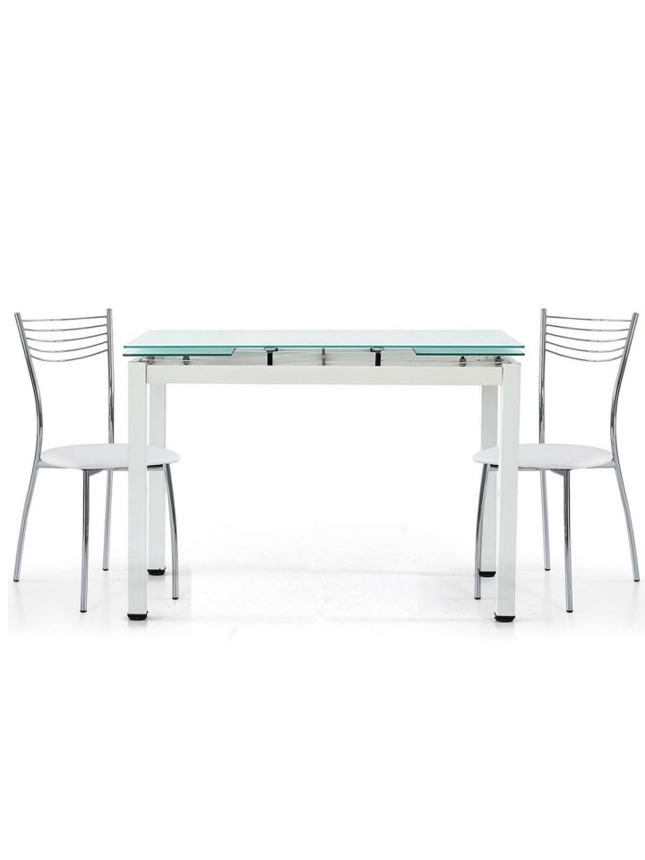 Set Tavolo bianco rettangolare allungabile in vetro + 4 Sedie in acciaio