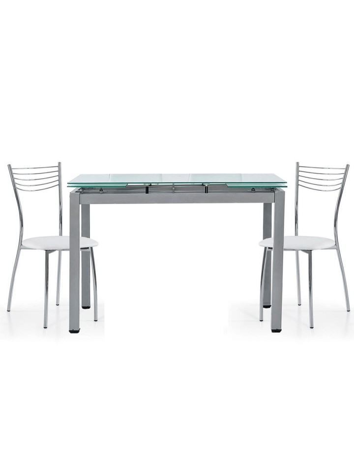 Set Tavolo bianco rettangolare allungabile in vetro + 4 Sedie in acciaio