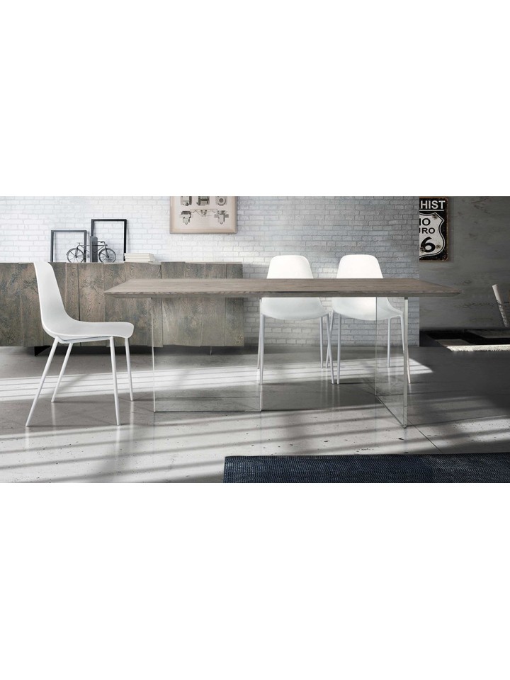 Tavolo fisso piano in legno con base in vetro