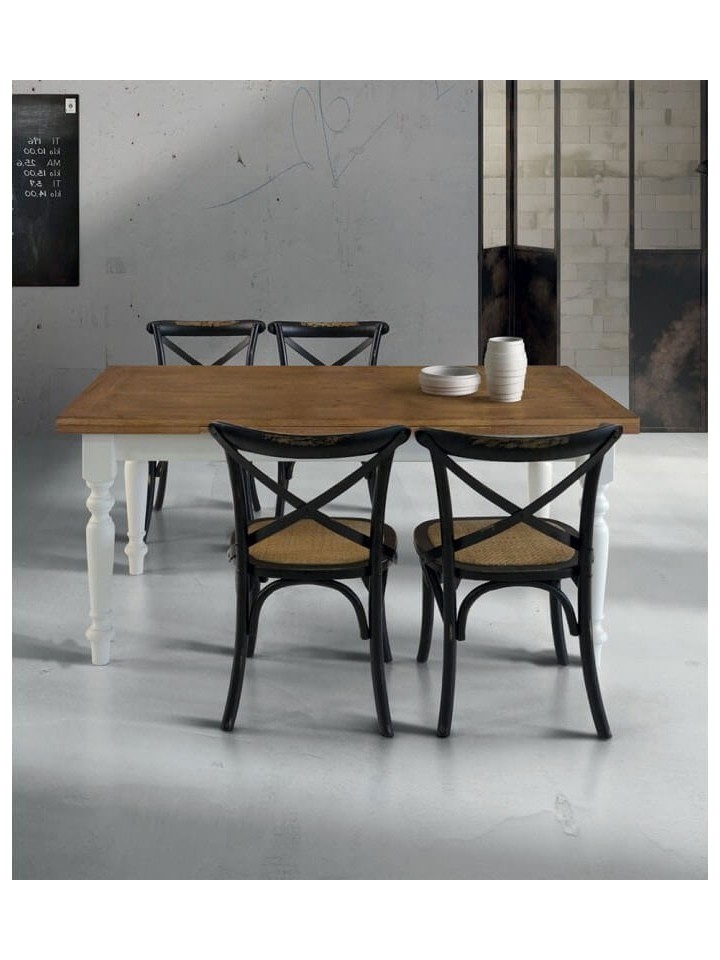 Tavolo Quadrato in Legno Provenzale Struttura Bianco Piano Rovere Piedi Torniti