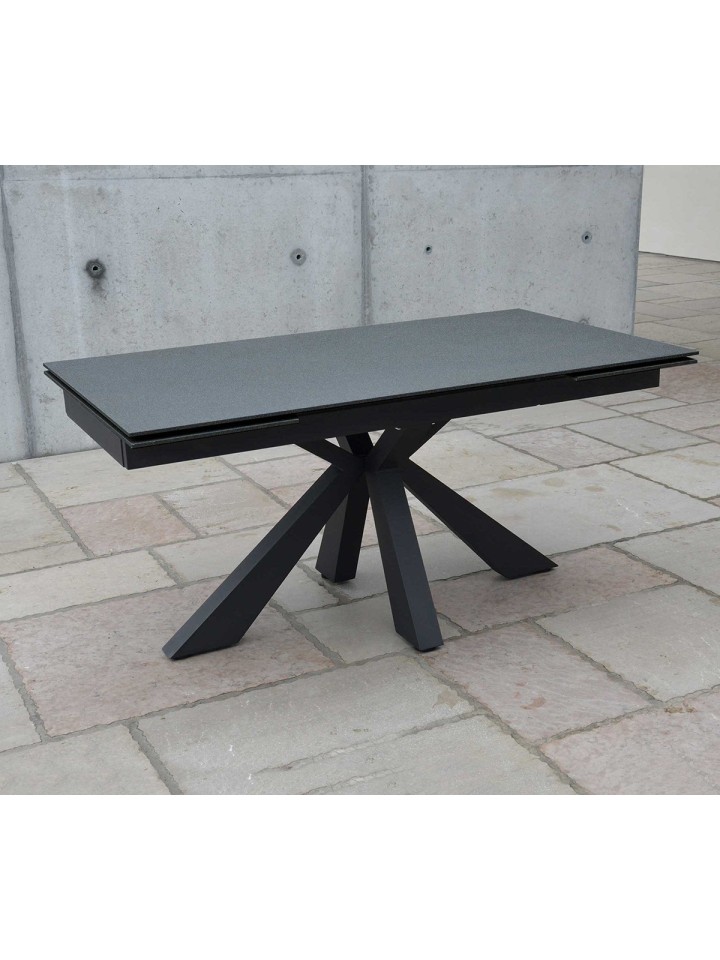 Tavolo Rettangolare Allungabile Piano in Vetro Ceramica e Gambe Incrociate