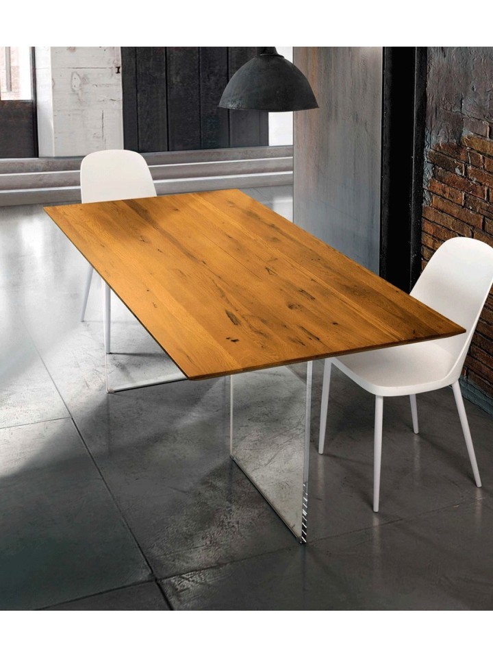 Tavolo fisso piano in legno massello rovere nodato con base in vetro