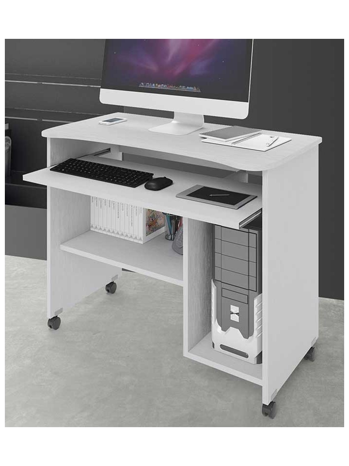 Scrivania Porta Computer con Ruote Bianco Frassinato